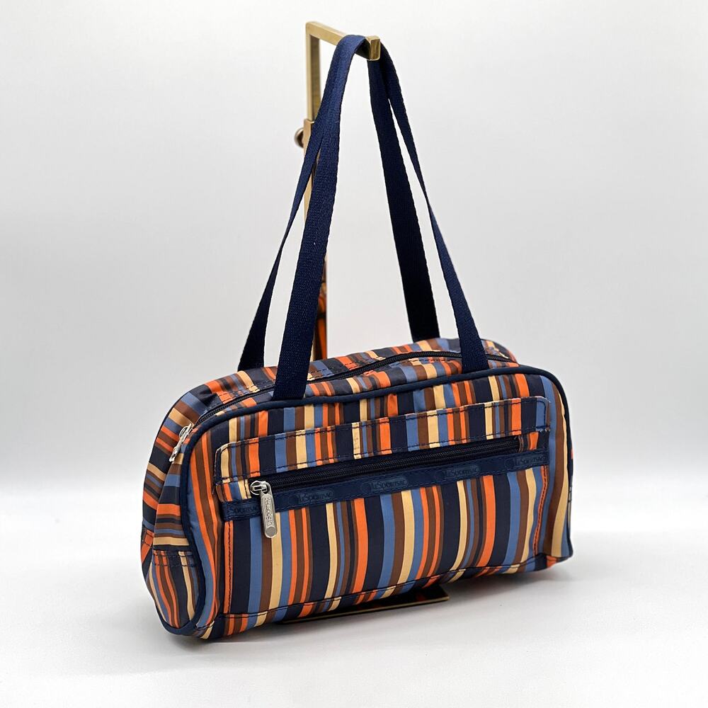 LESPORTSAC Double Top handle Shoulder Bag Womens Striped Navy Blue Orange Travel